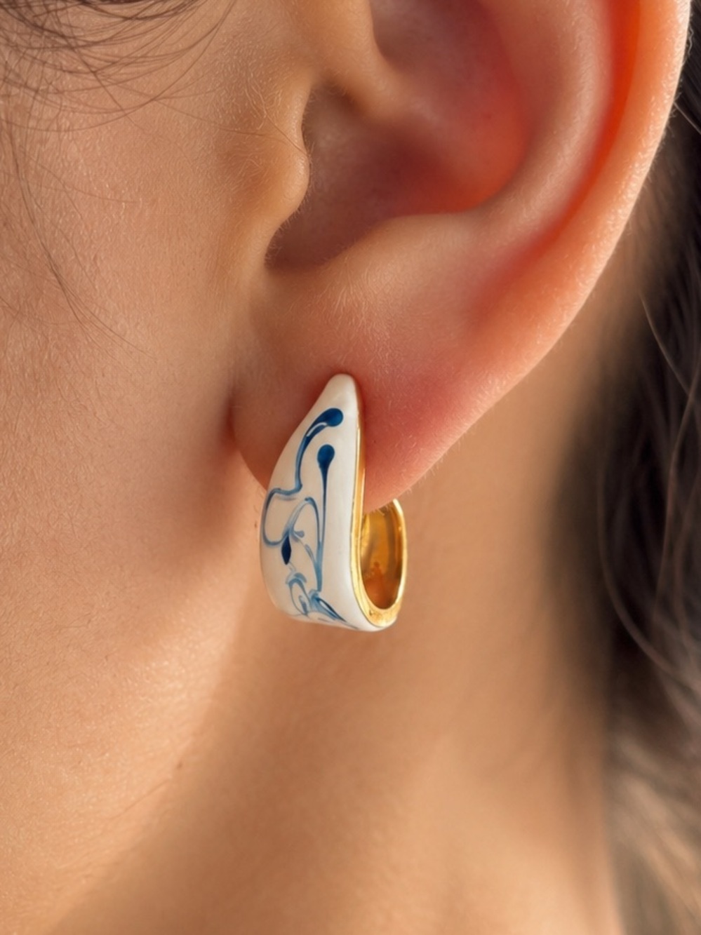 Santorini Huggie Earrings with Blue Swirl Detail Small Hoop Earrings